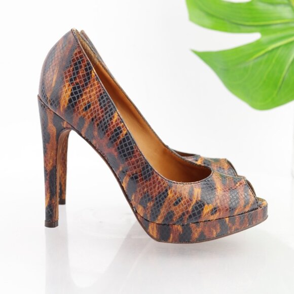 Michael Kors Womens Pumps Size 7 M Brown Tan Python Platform Heel Peep Toe Shoes - Picture 13 of 13